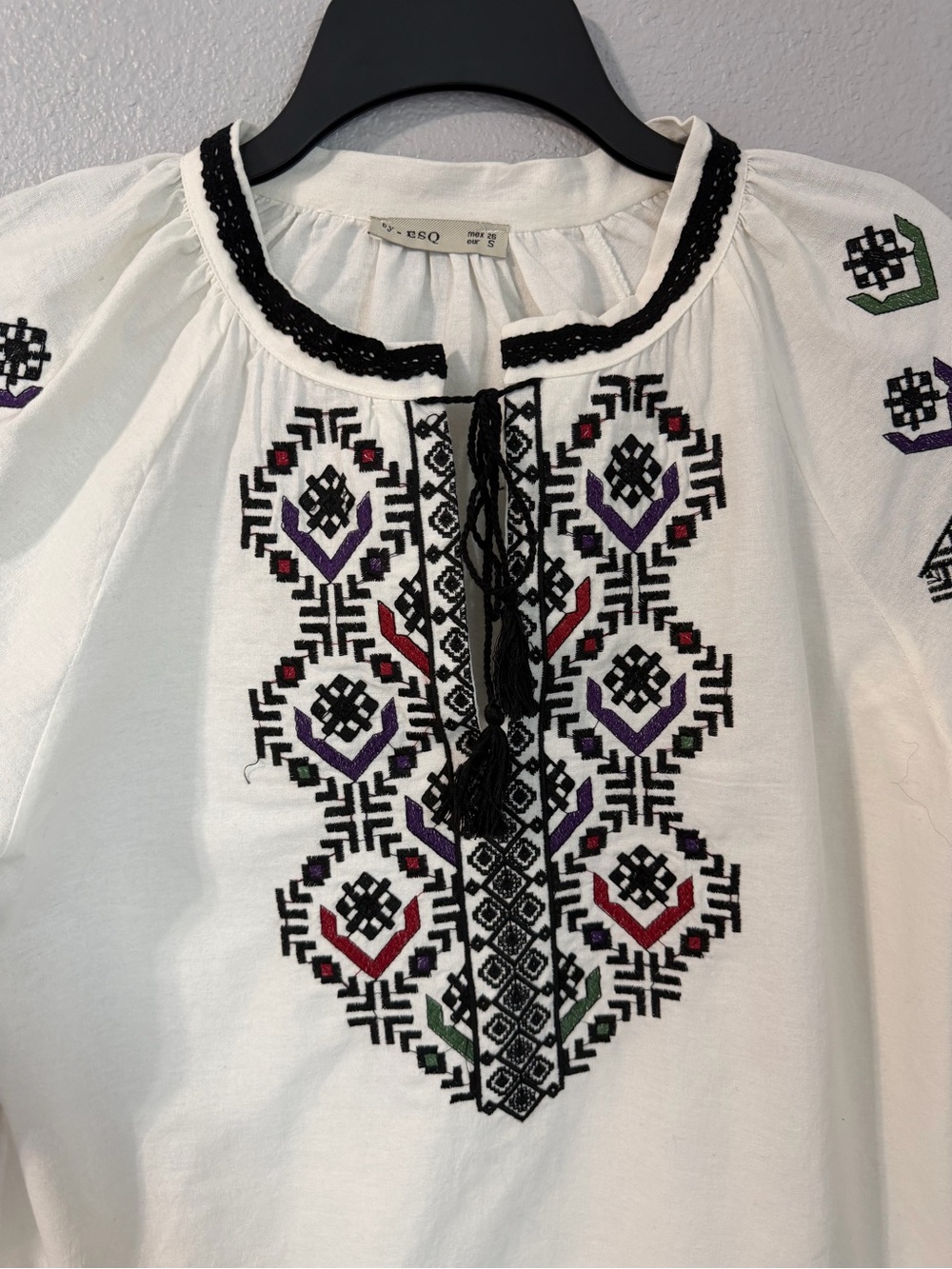 Embroidered White Peasant Blouse with Multicolor Accents - Picture 3 of 9